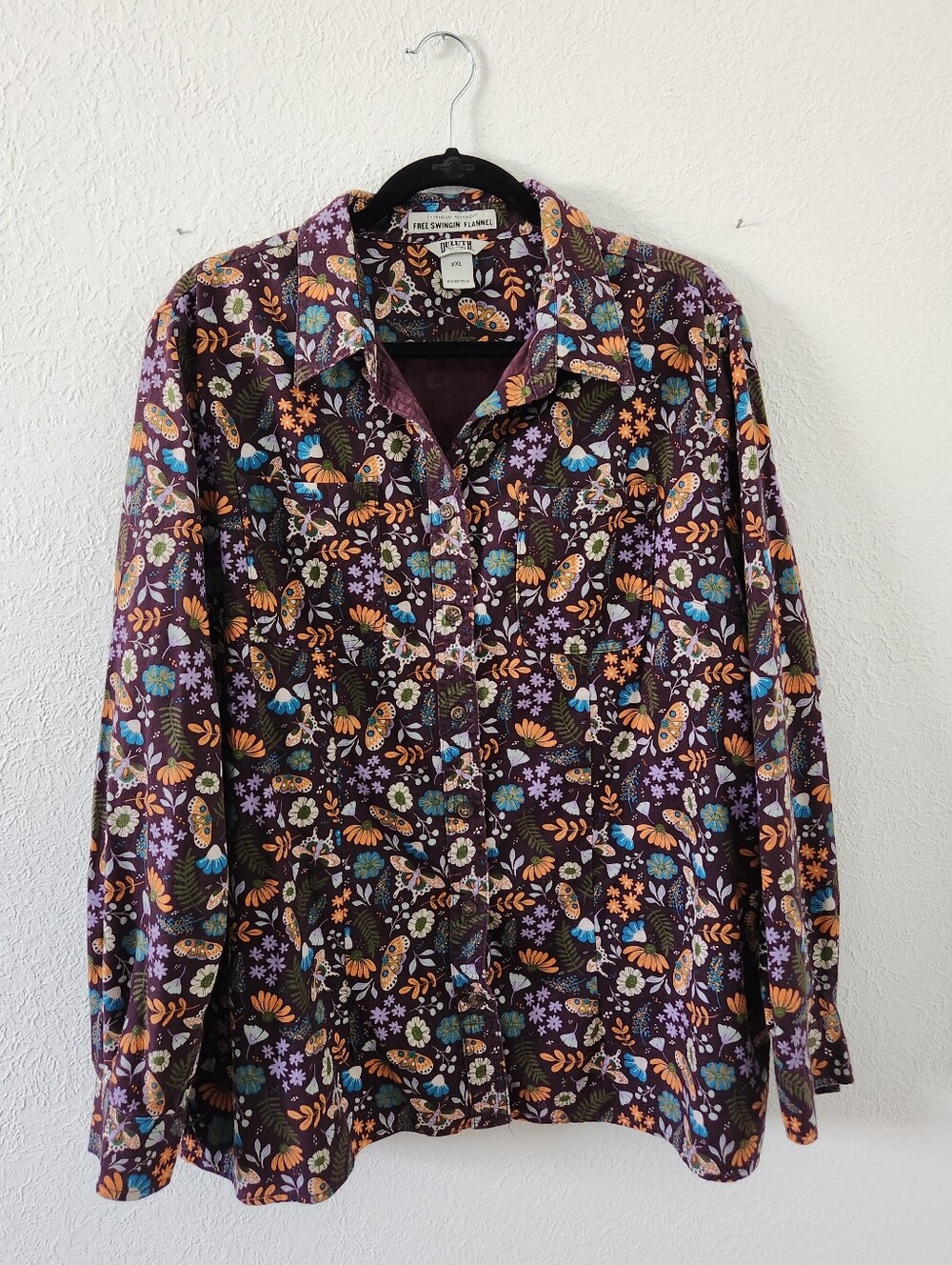 Duluth Trading Co Free Swinging Flannel Shirt In Elderberry Moth Print